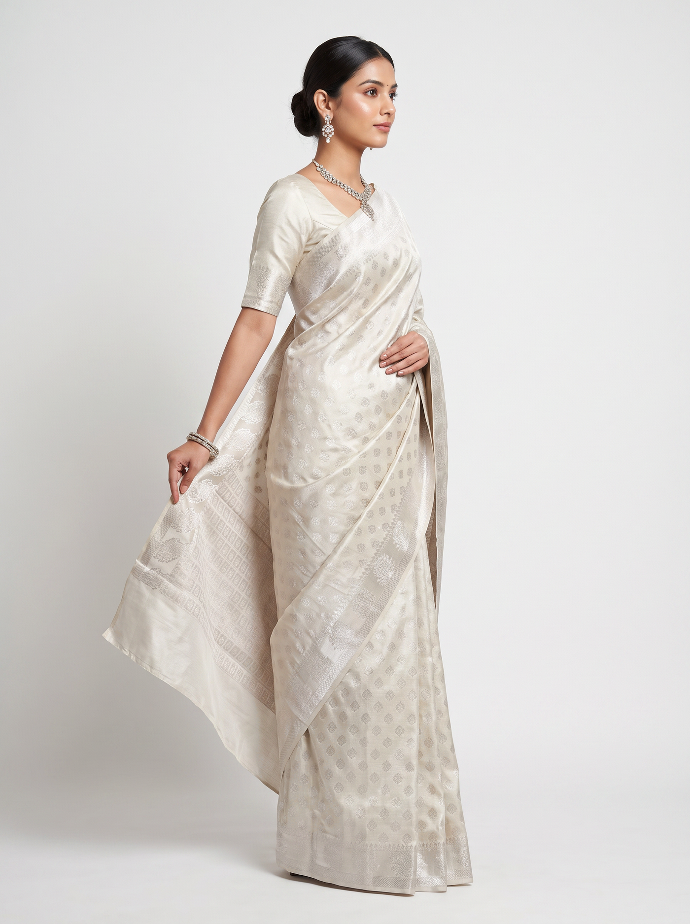 Meenakshi Silk Saree | Off White + Silver Grey + Grey Festive Silk | Contrast Border | Reshmi Sarees | Design 3 image 2