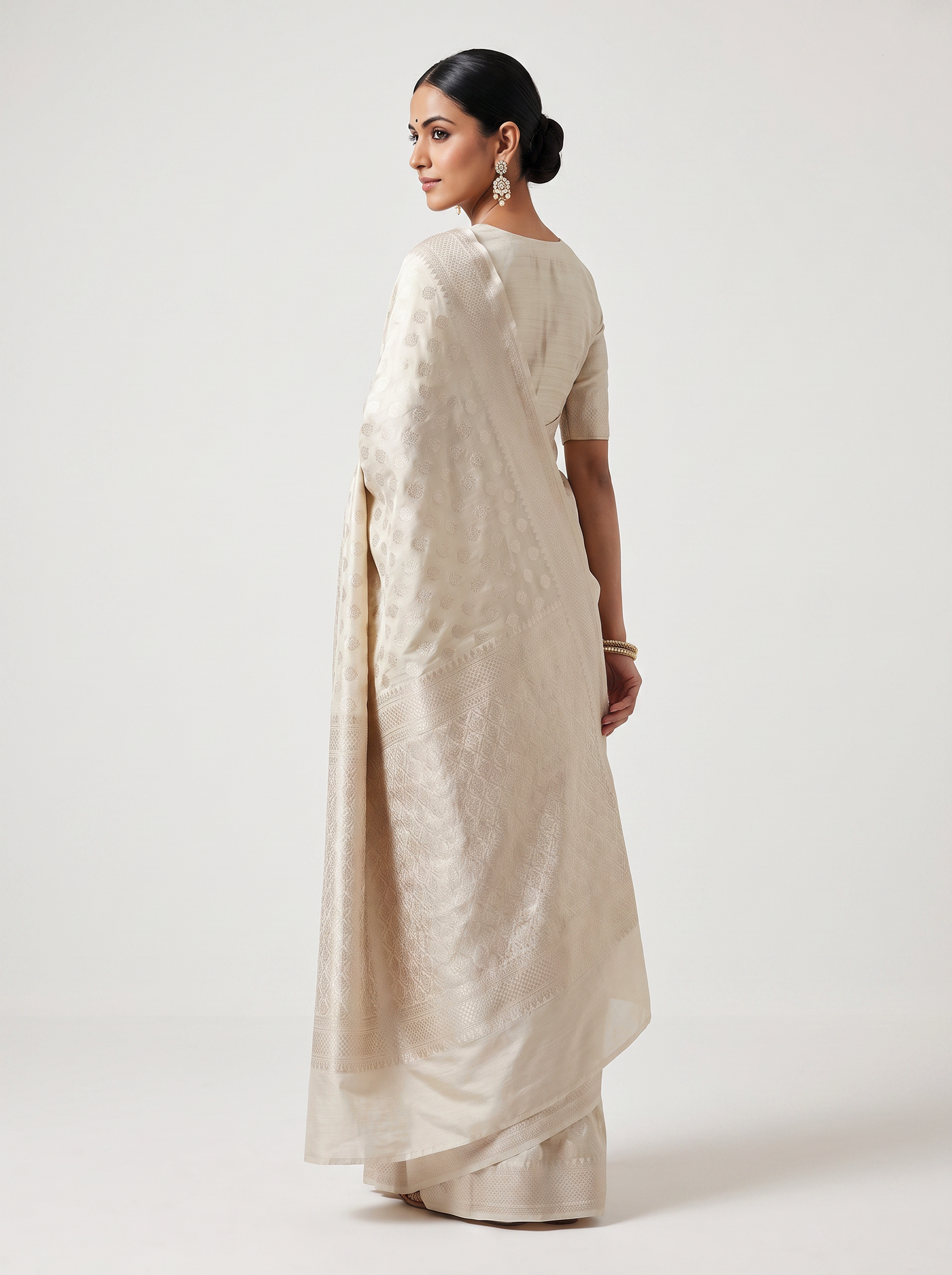 Meenakshi Silk Saree | Off White + Silver Grey + Grey Festive Silk | Contrast Border | Reshmi Sarees | Design 3 image 3