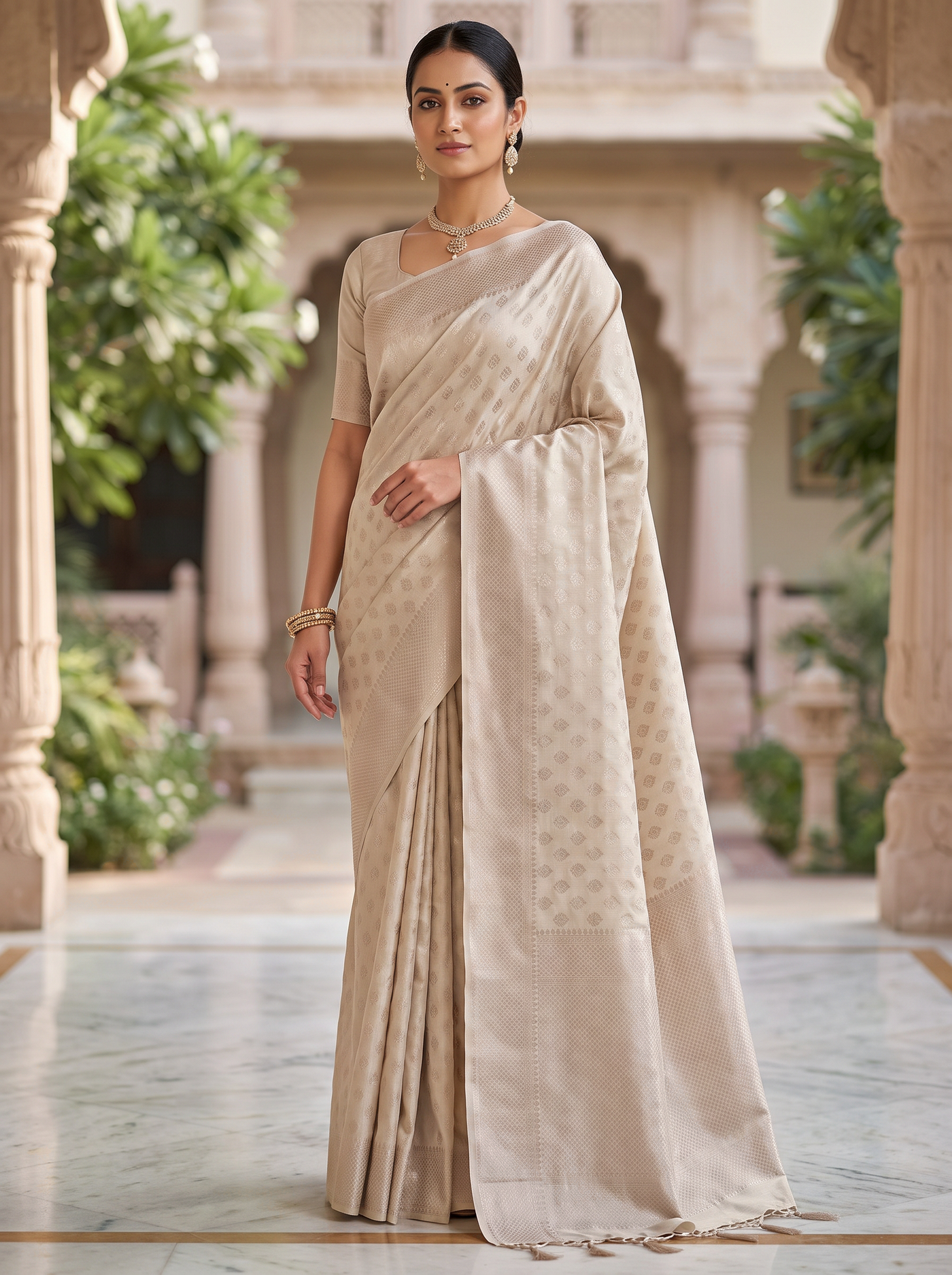 Meenakshi Silk Saree | Off White + Silver Grey + Grey Festive Silk | Contrast Border | Reshmi Sarees | Design 3 image 4