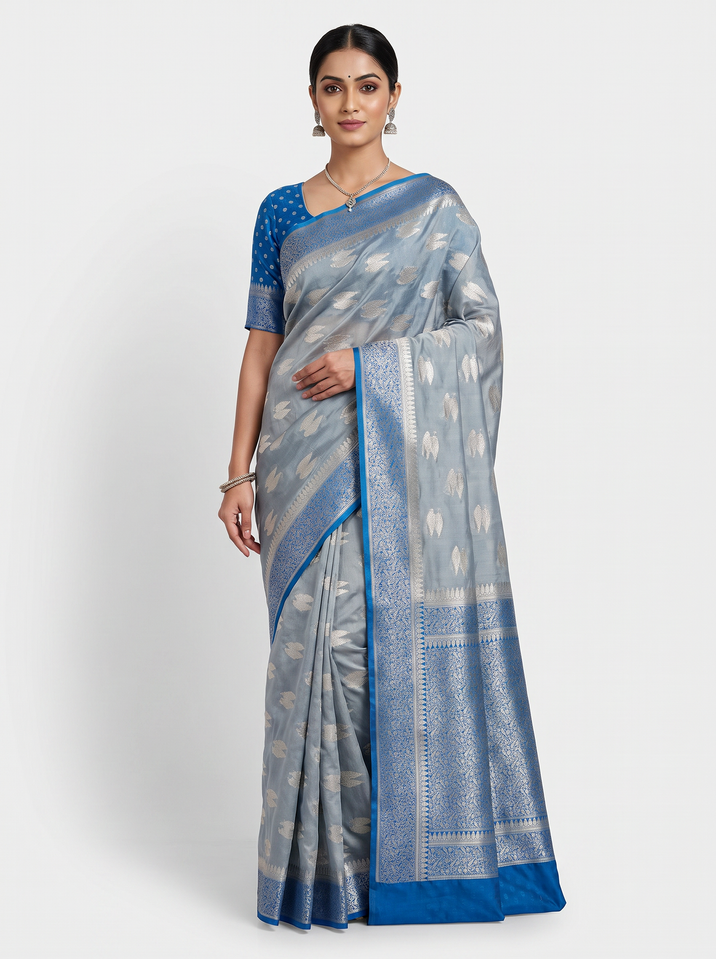 Teal Blue + Grey Meenakshi silk saree with festive border