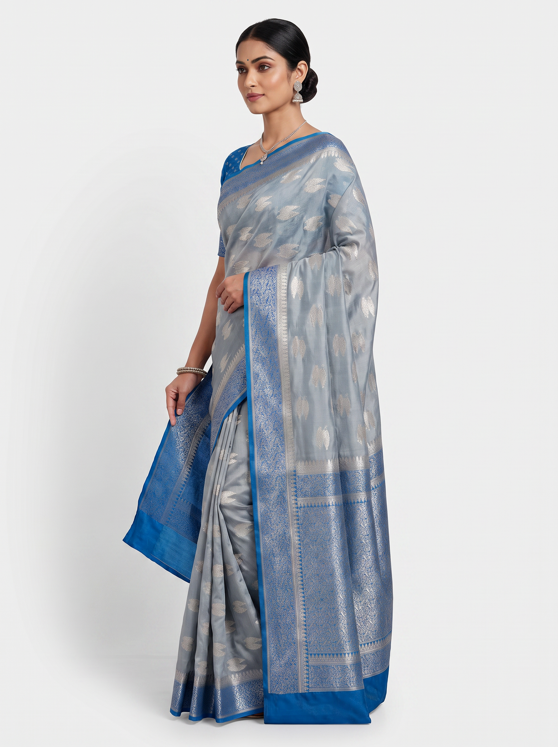 Meenakshi Silk Saree | Teal Blue + Grey Festive Silk | Contrast Border | Reshmi Sarees image 2