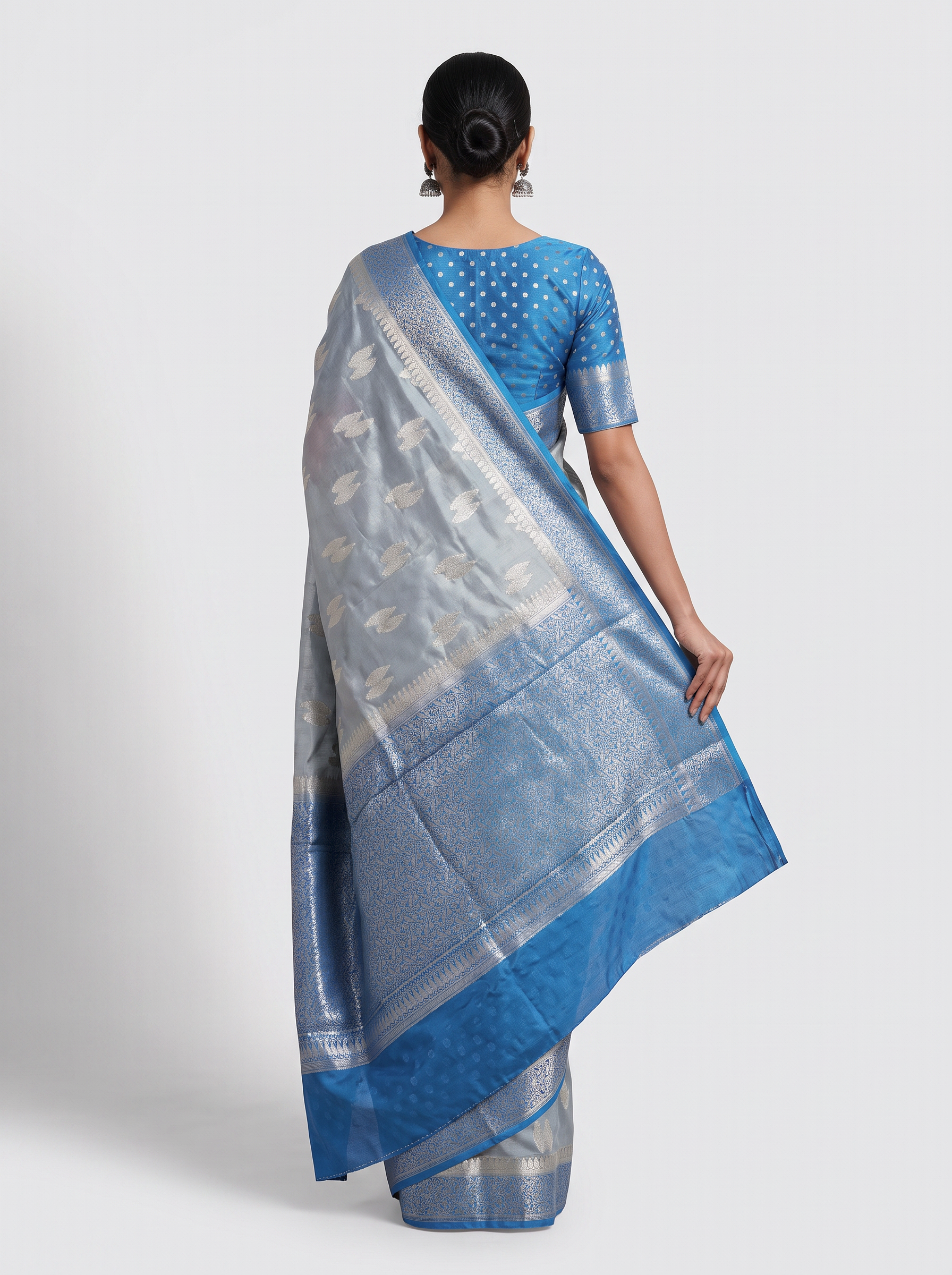 Meenakshi Silk Saree | Teal Blue + Grey Festive Silk | Contrast Border | Reshmi Sarees image 3