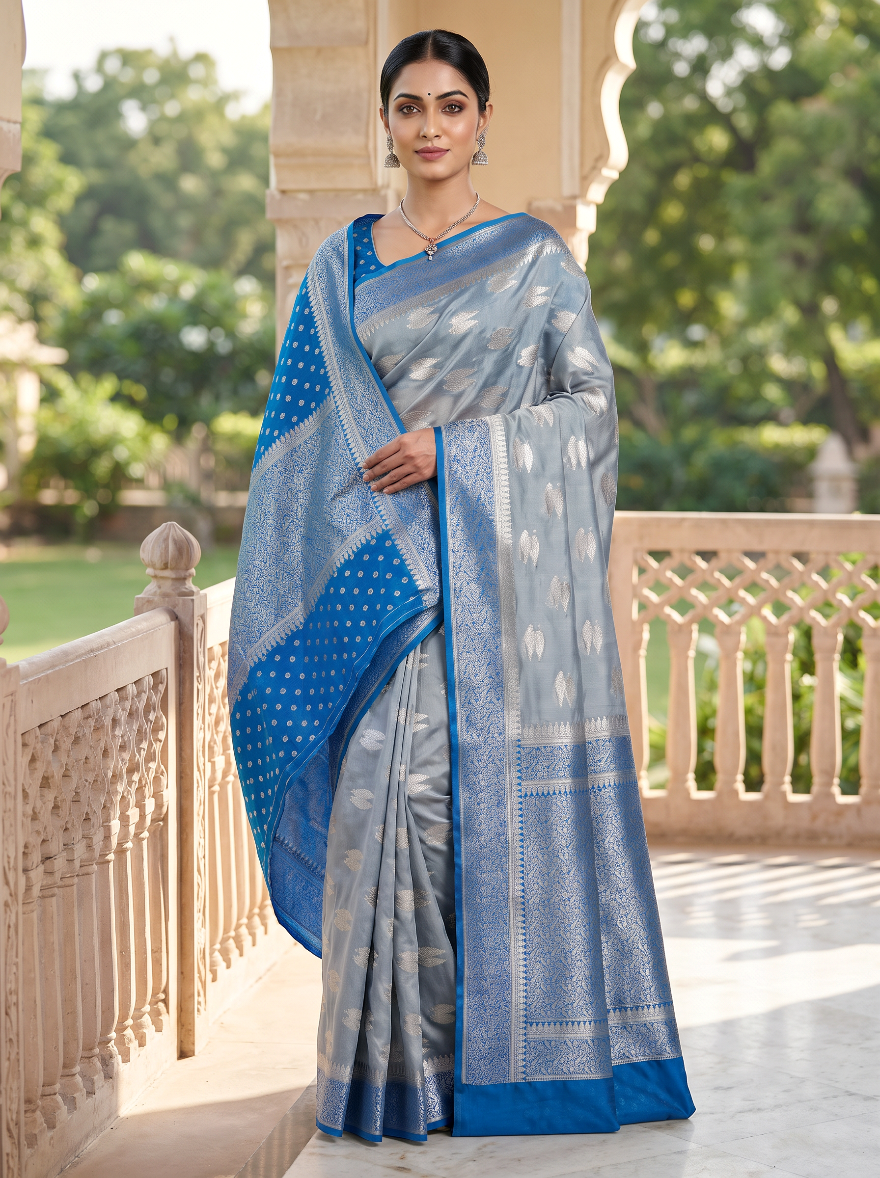 Meenakshi Silk Saree | Teal Blue + Grey Festive Silk | Contrast Border | Reshmi Sarees image 4