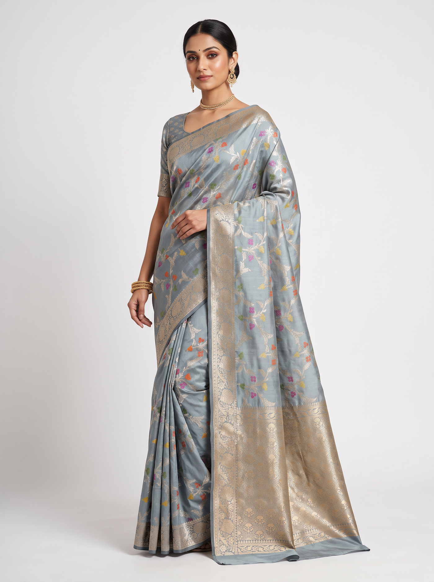 Teal Blue + Grey + Peach Meenakshi silk saree with festive border
