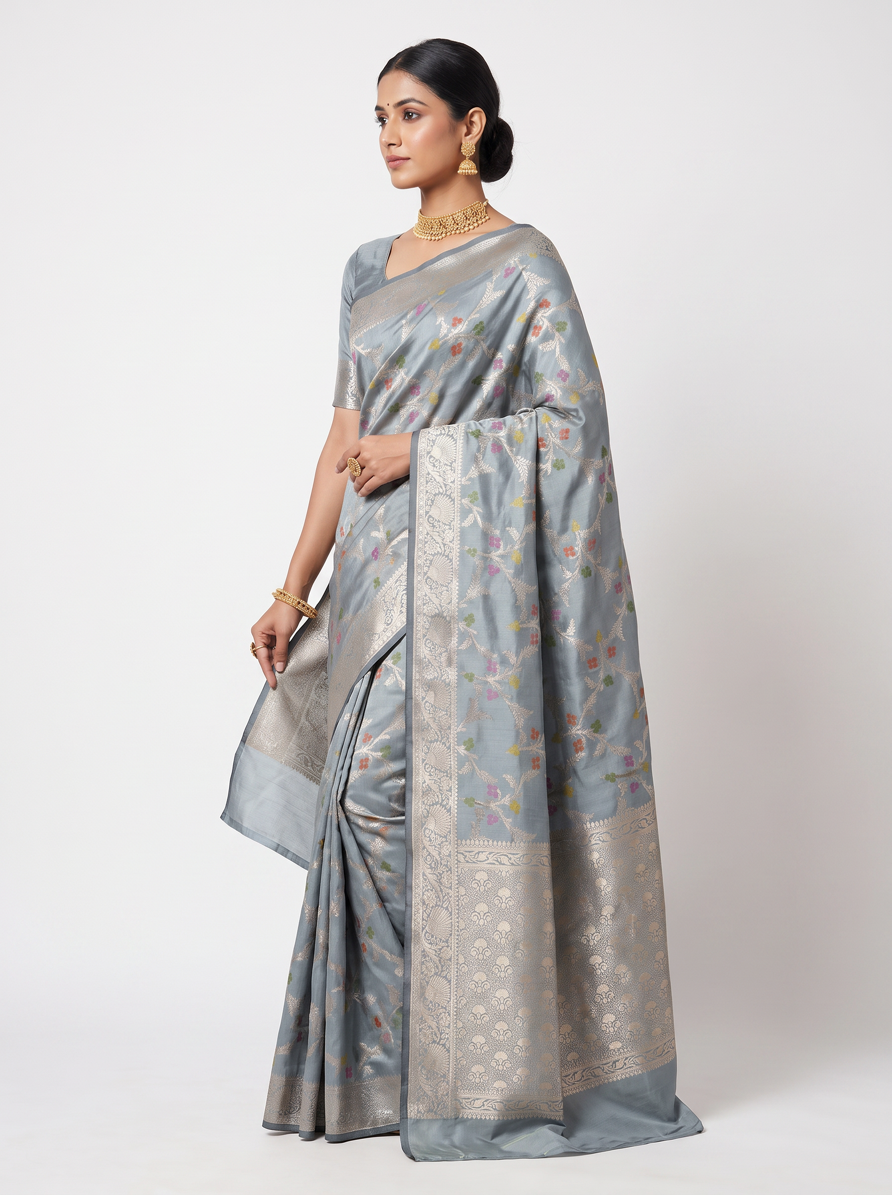 Meenakshi Silk Saree | Teal Blue + Grey + Peach Festive Silk | Contrast Border | Reshmi Sarees image 2