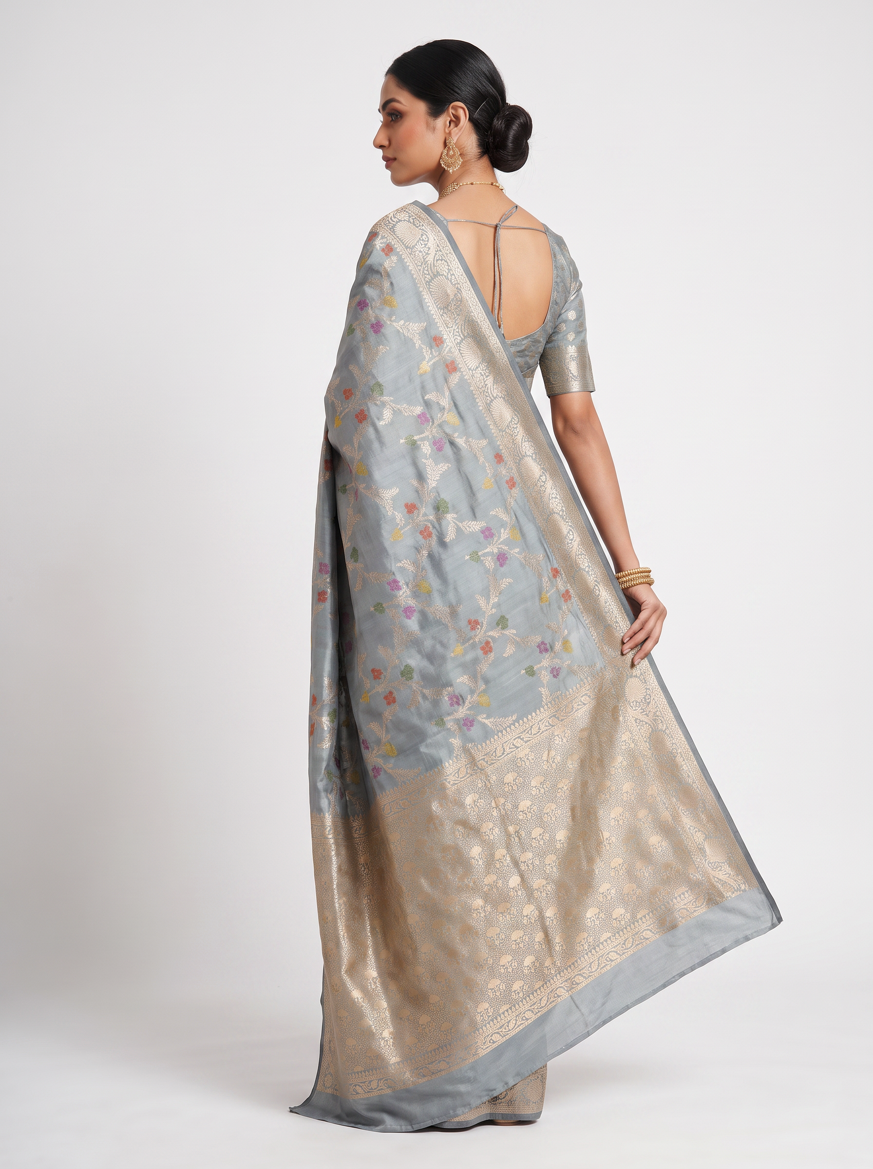 Meenakshi Silk Saree | Teal Blue + Grey + Peach Festive Silk | Contrast Border | Reshmi Sarees image 3