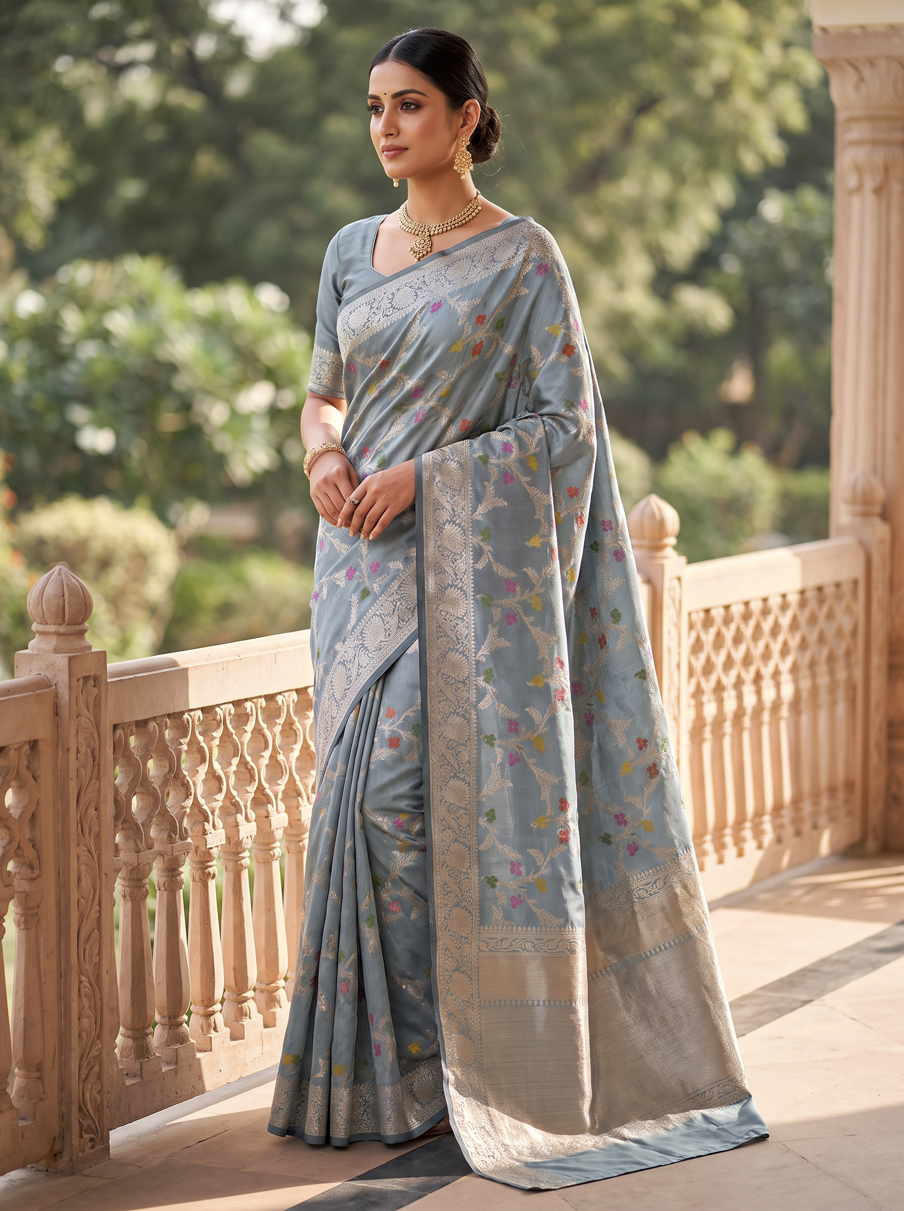 Meenakshi Silk Saree | Teal Blue + Grey + Peach Festive Silk | Contrast Border | Reshmi Sarees image 4
