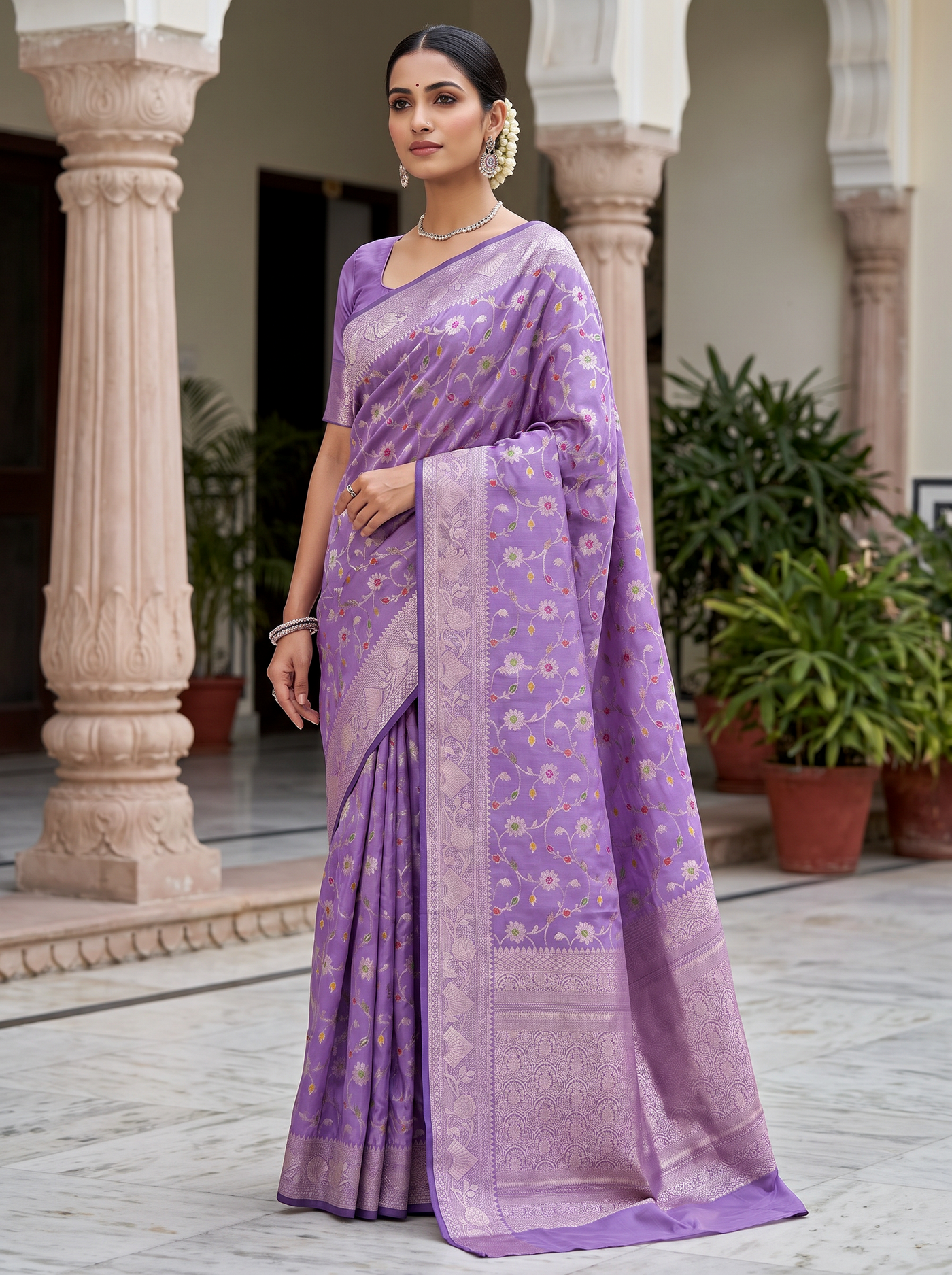 Meenakshi Silk Saree | Dusty Pink + Violet Festive Silk | Contrast Border | Reshmi Sarees image 4