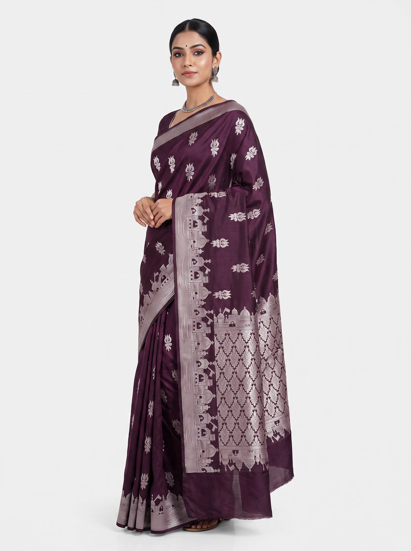 Wine Meenakshi silk saree with festive border