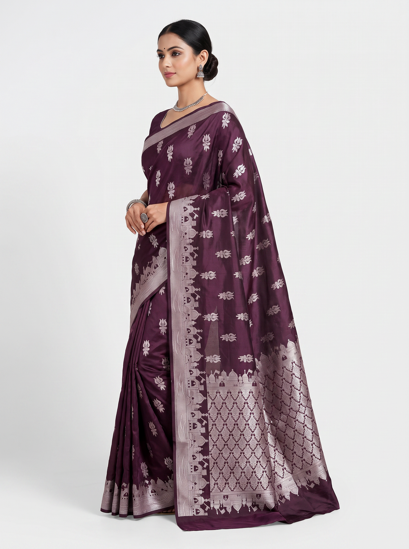 Meenakshi Silk Saree | Wine Festive Silk | Contrast Border | Reshmi Sarees image 2