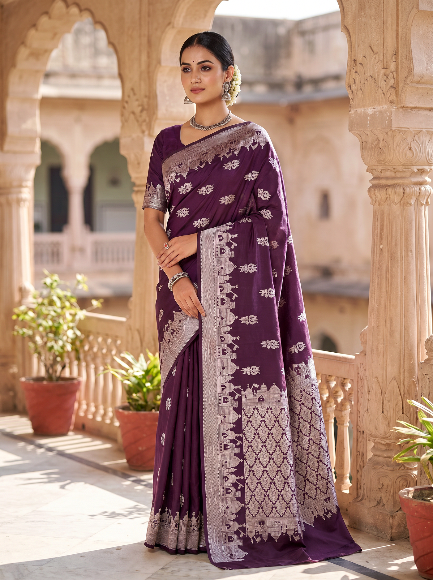 Meenakshi Silk Saree | Wine Festive Silk | Contrast Border | Reshmi Sarees image 4