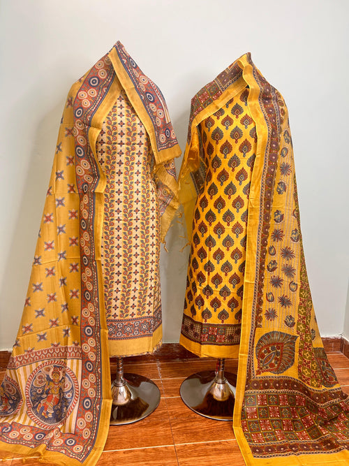 Brick Red + Coral + Golden Maheshwari silk suit material unstitched 3 piece set