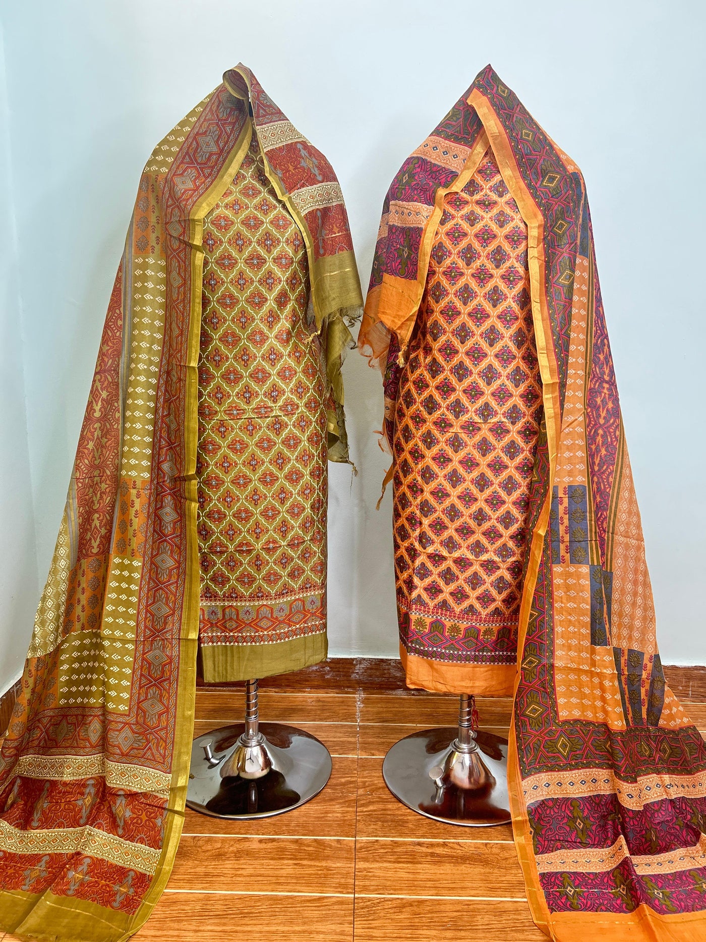 Deep Red + Burnt Orange + Golden Maheshwari silk suit material unstitched 3 piece set