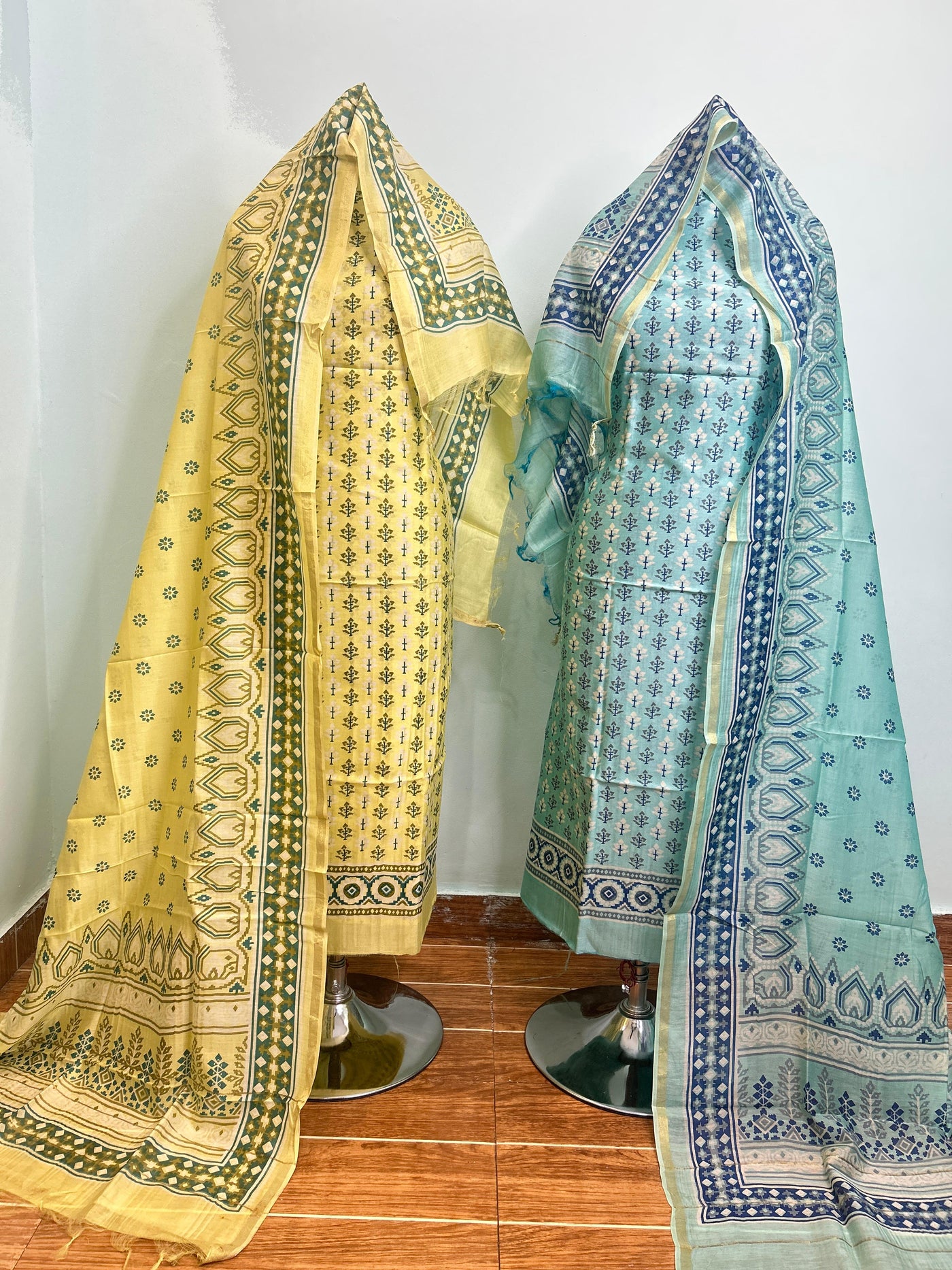 Golden + Honey Yellow + Aqua Blue Maheshwari silk suit material unstitched 3 piece set