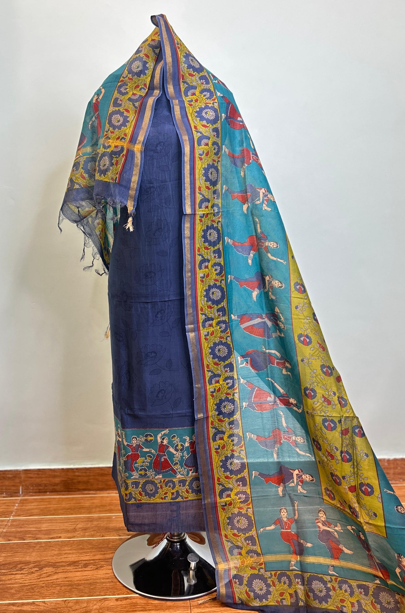 Off White + Navy Blue + Golden Maheshwari silk suit material unstitched 3 piece set