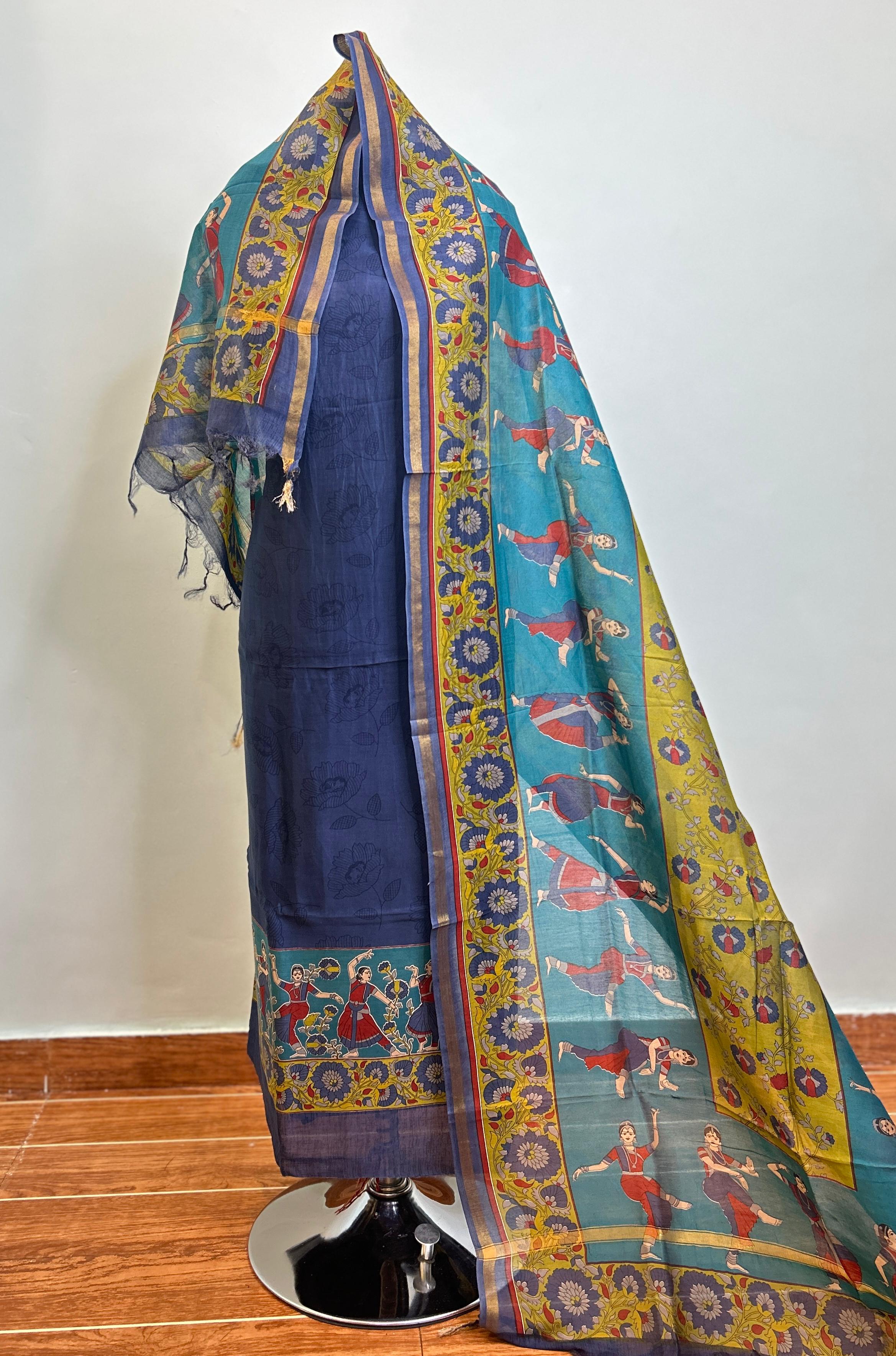 Off White + Navy Blue + Golden Maheshwari silk suit material unstitched 3 piece set