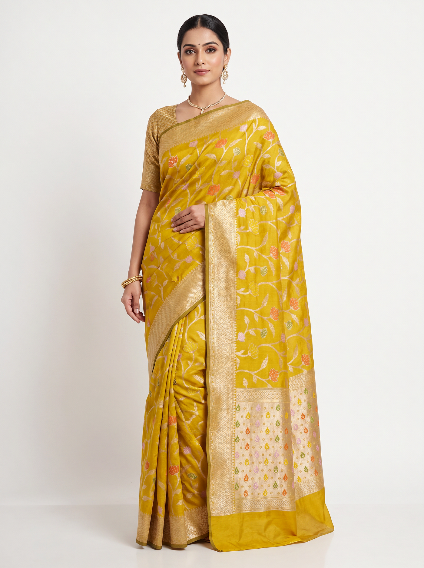 Golden + Turmeric Yellow Meenakshi silk saree with festive border