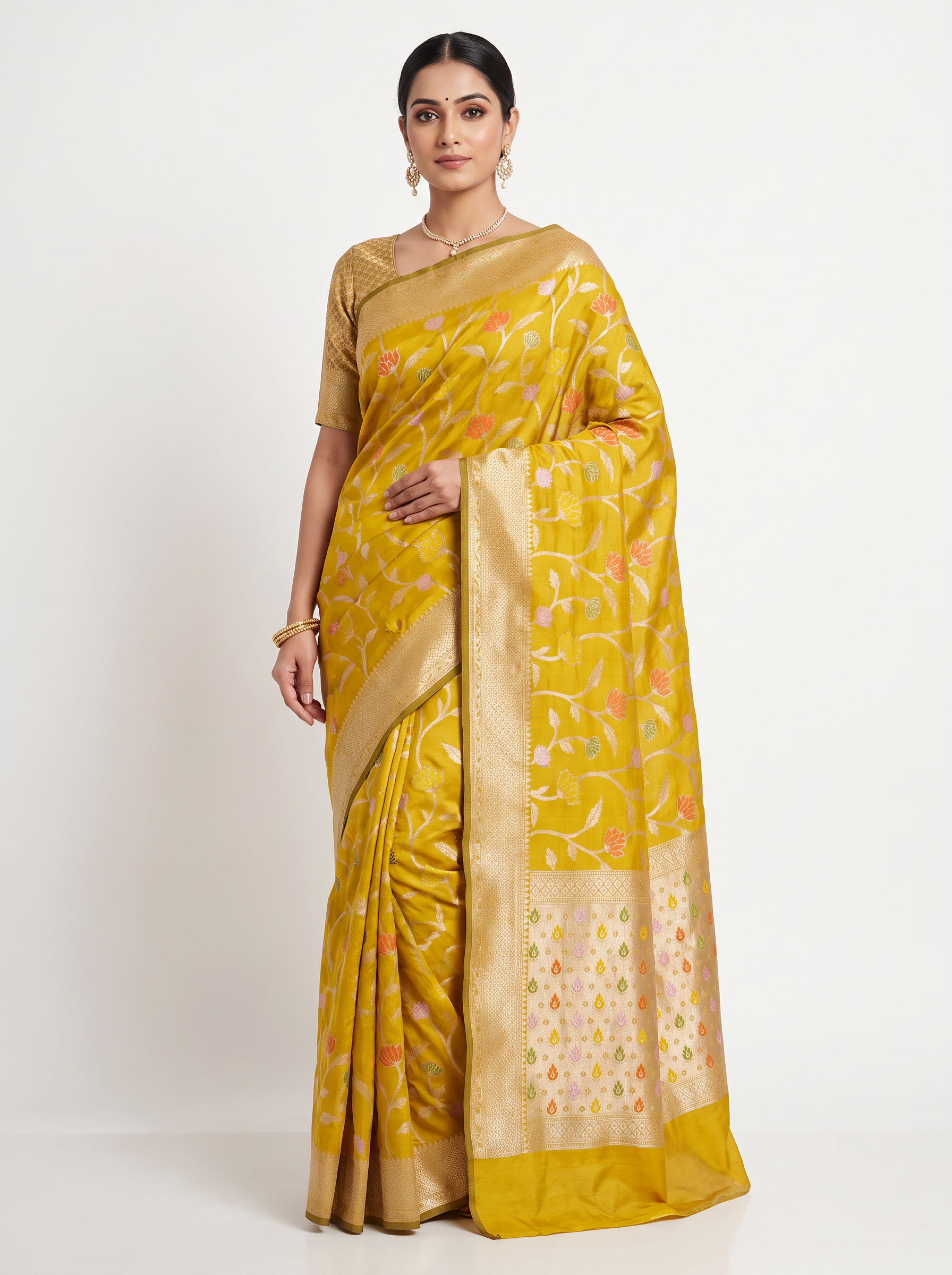 Golden + Turmeric Yellow Meenakshi silk saree with festive border