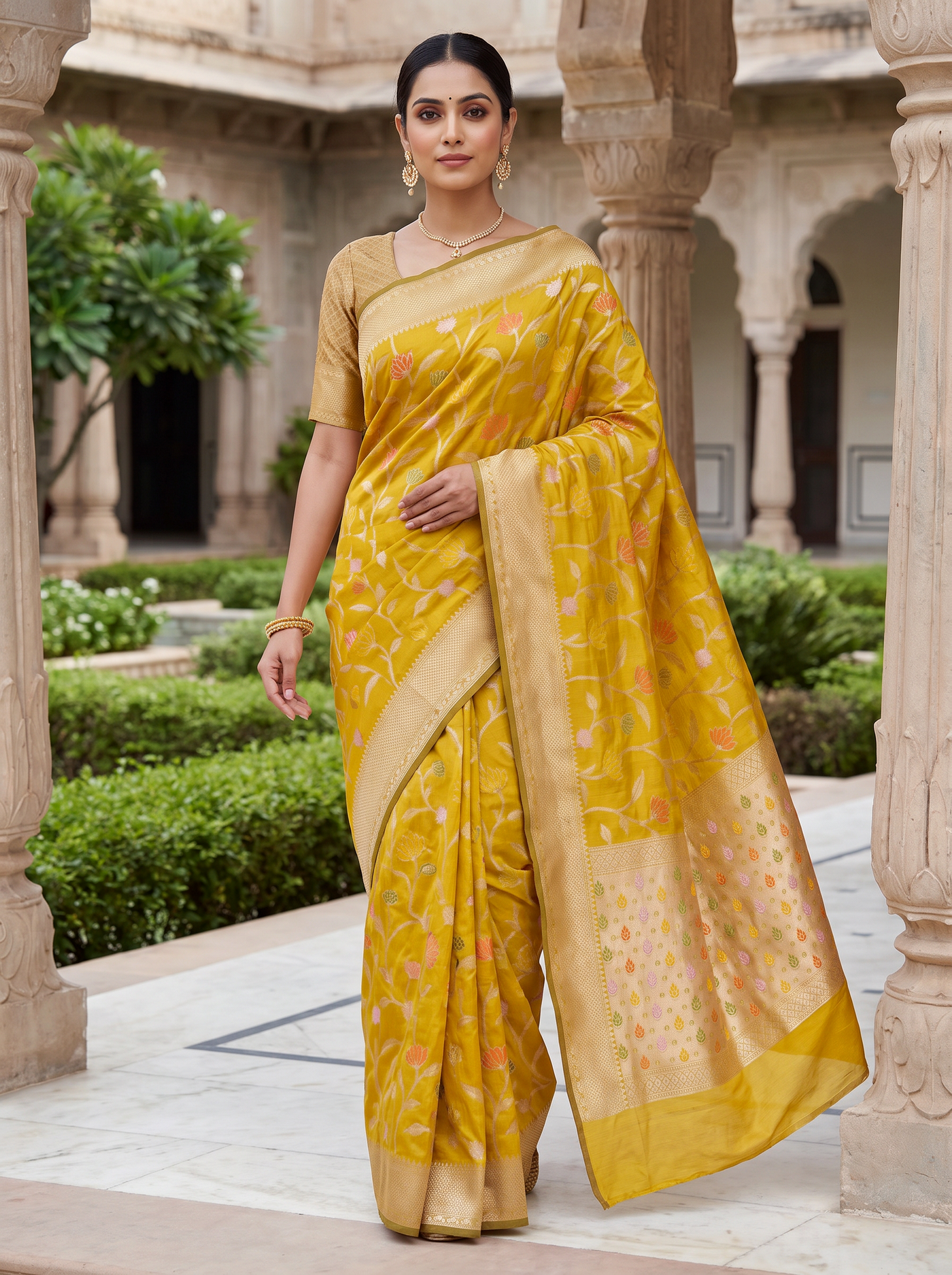 Meenakshi Silk Saree | Golden + Turmeric Yellow Festive Silk | Golden Zari Border | Reshmi Sarees image 4