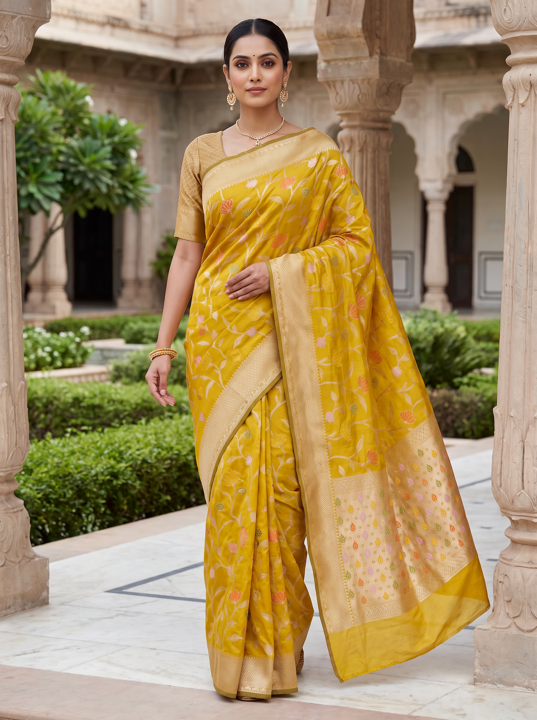 Meenakshi Silk Saree | Golden + Turmeric Yellow Festive Silk | Golden Zari Border | Reshmi Sarees image 4