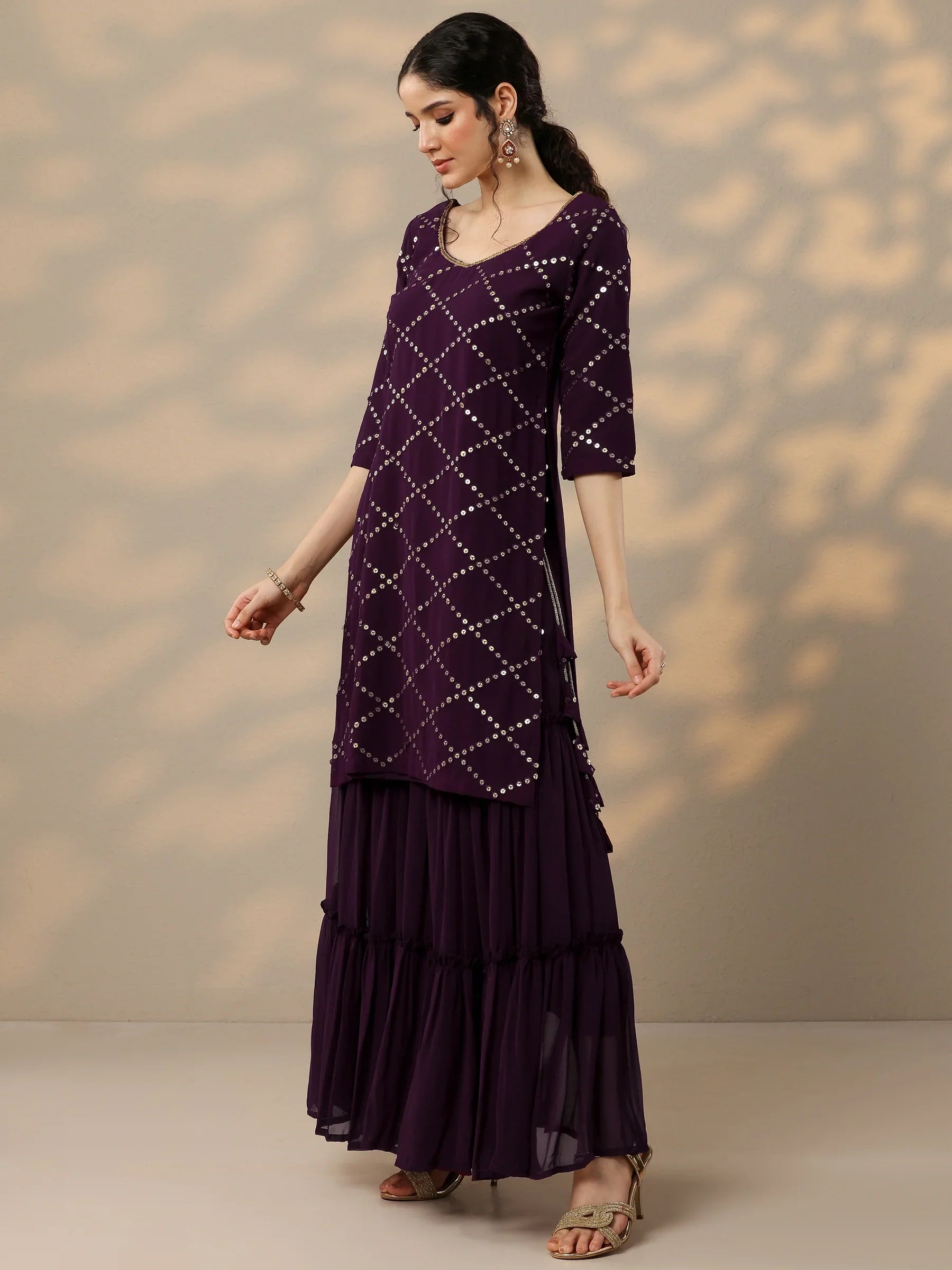 Purple Embroidered Georgette Straight Sharara Suit Set With Dupatta
